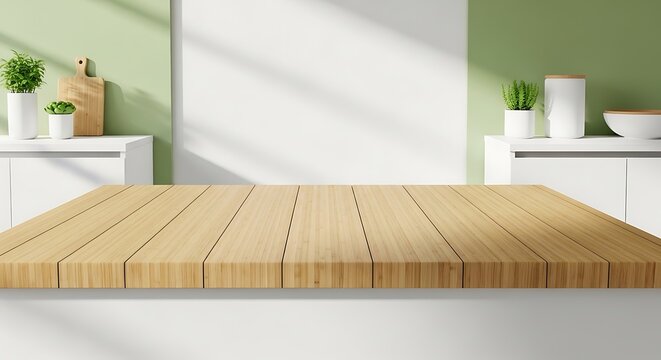 Clean kitchen countertop with a wooden surface and minimalist decor in a bright, modern interior setting, perfect for product display or food photography