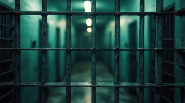 rusty metal prison bars framing a dim teal-lit corridor with cell doors and overhead lights, evoking isolation and foreboding