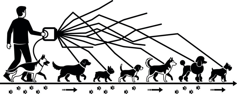 Professional Dog Walker Silhouette Concept with Multiple Canine Breeds on Leashes Leaving Paw Prints and Walking Along a Directional Path Arrow