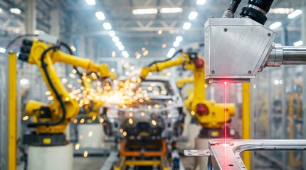 Fototapeta premium Robotic arms welding car components with sparks and laser marking metal parts in modern automotive production facility, symbolizing advanced manufacturing technology and efficiency.