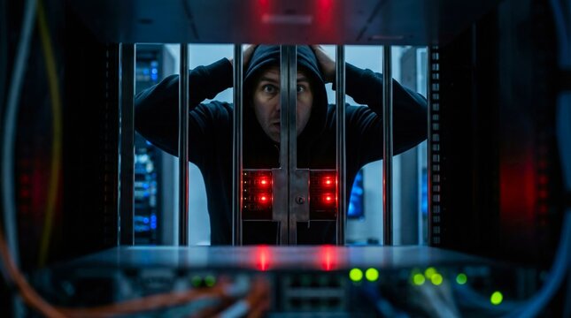 Hacker caught behind server rack bars, hands on head in dark data center, representing cyber security breach.