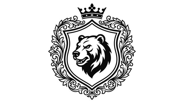 Bear head heraldic crest with crown and shield.