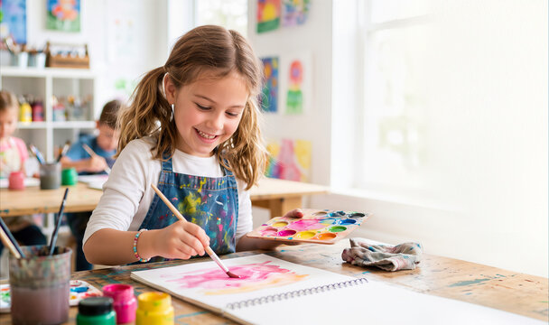 Student artist painting vibrant watercolors on paper with joyful expression in bright art class, depicting creative learning.