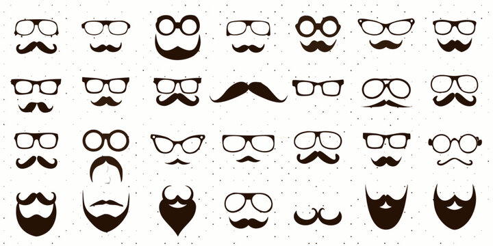 hipster mustaches and glasses vector collection on dotted background beards facial hair illustration retro fashion menswear accessories eyewear graphic design