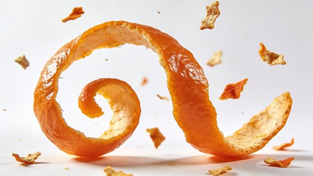 Image is a high-resolution, artistic photograph featuring a dynamic composition of an orange peel spiral and scattered fragments against a stark white background. The orange peel is vibrant, with a gl