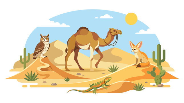 Desert Wildlife Illustration with Camel Fennec Fox Owl and Lizard