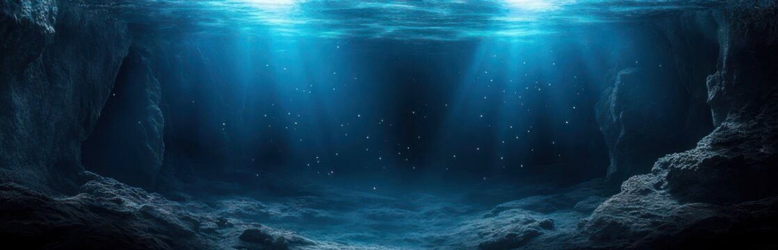Sunlit underwater cavern with rocky seabed and shafts of blue light filtering through calm water, scattered particles and a tranquil, mysterious atmosphere