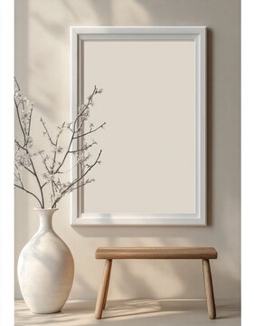 Minimal neutral interior with empty white picture frame, ceramic vase holding delicate bare branches, small wooden bench and soft sunlight evoking calm serenity