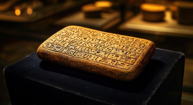 ancient inscribed clay tablet with rows of symbols resting on a dark velvet pedestal in warm golden museum light, evoking mystery and reverence