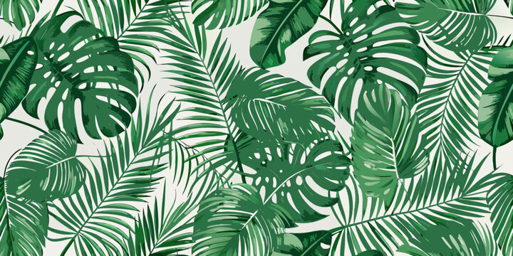 seamless pattern of green monstera leaves on white background tropical botanical nature foliage leaf design illustration vector graphic artwork repeatable