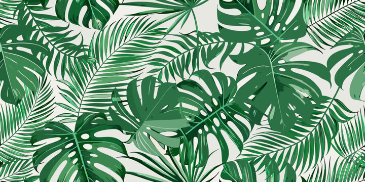 seamless pattern of green monstera leaves on white background tropical botanical nature leaf plant design illustration vector graphic modern stylish