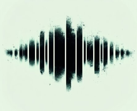Symmetrical black soundwave composed of vertical bars with ink splatter texture on a pale mint background, moody and mysterious