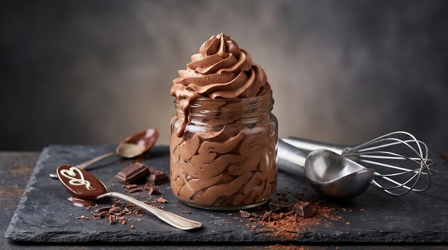 Delicious chocolate dessert with whipped cream topping on dark slate