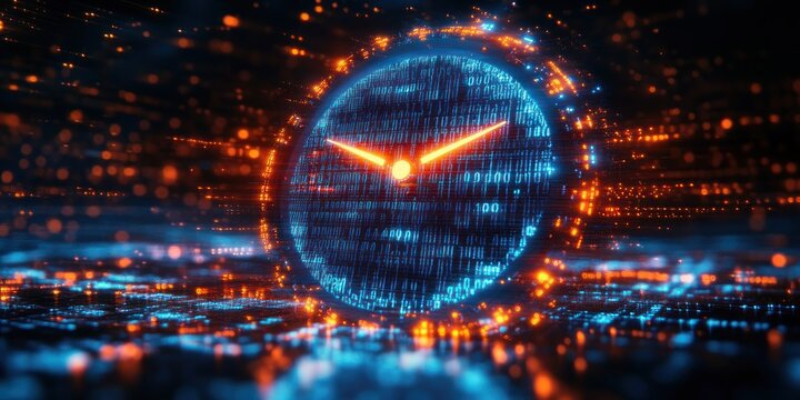glowing digital clock sphere of binary code with bright orange hands above an illuminated circuit grid, evoking urgency and futuristic motion