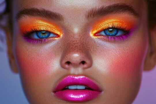 Close-up portrait of freckled face with bright blue eyes, orange-gold shimmering eyeshadow, purple lower liner, vivid pink glossy lips, rosy cheeks and a confident sultry expression