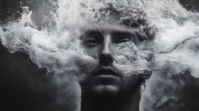 monochrome water explosion engulfing a silhouetted head with a central gray square overlay obscuring the face, evoking turbulence, tension and isolation