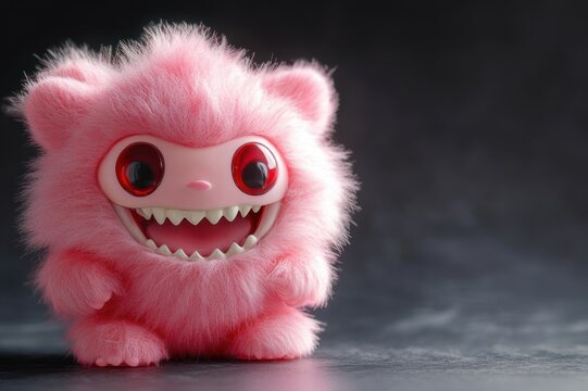 fluffy pink plush creature with large red eyes and sharp teeth grinning mischievously on dark studio background