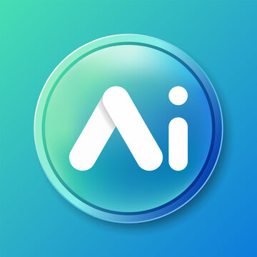 White Ai letters on a glossy circular blue and green gradient button, representing artificial intelligence and modern technology.