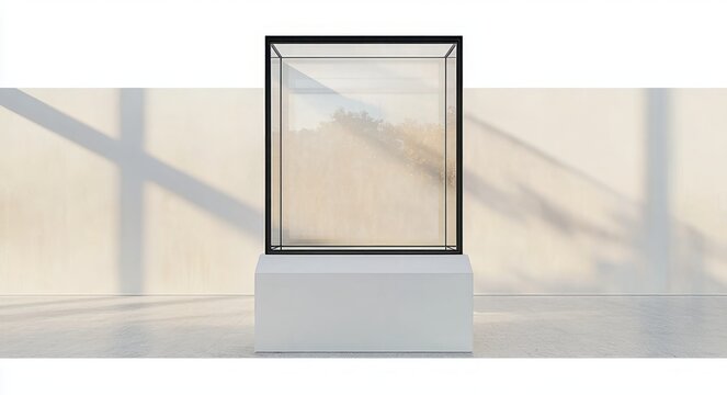 Minimalist sunlit gallery with empty glass display cube on white pedestal casting grid window shadows, calm serene and contemplative interior