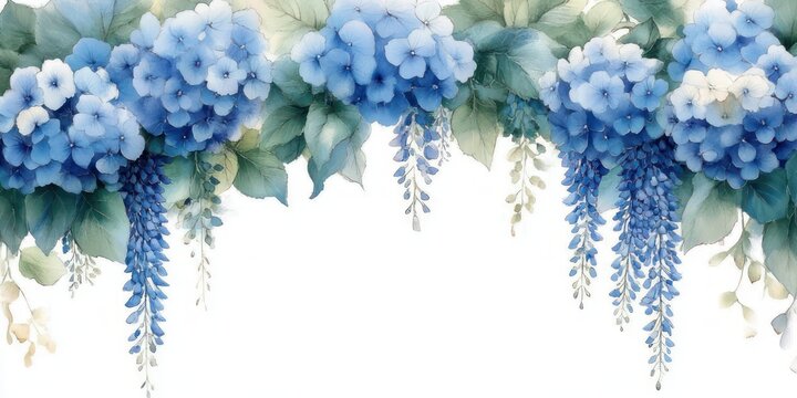 soft watercolor border of blue hydrangea clusters and cascading wisteria blooms with green leaves creating a serene elegant floral frame