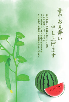 Summer greeting card featuring cucumber and watermelon
