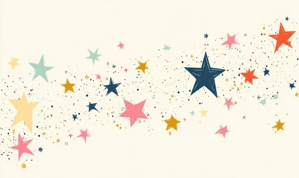 multicolored hand-drawn stars and gold confetti scattered across a cream background, whimsical celebratory mood