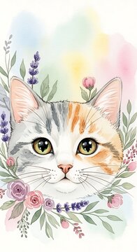 Cute watercolor cat portrait surrounded by beautiful blooming flowers and roses illustration