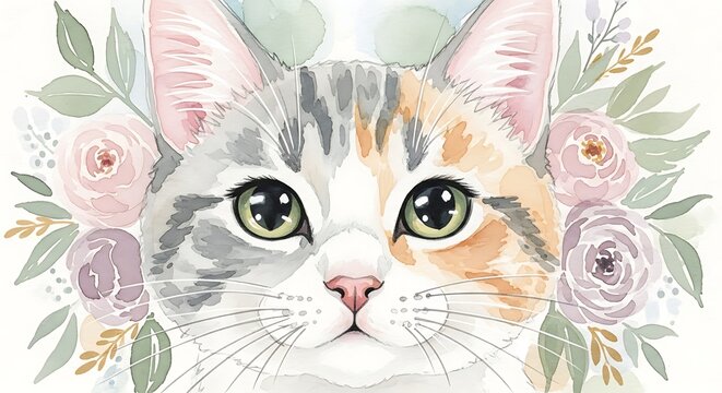 Cute watercolor cat portrait surrounded by beautiful blooming flowers and roses illustration