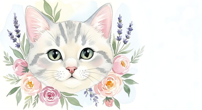 Cute watercolor cat portrait surrounded by beautiful blooming flowers and roses illustration