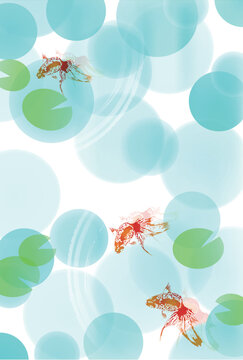 Goldfish Swimming Among Water Lily Leaves and Bubbles