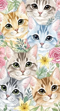 Adorably cute cats and kittens faces pattern illustration with colorful spring flowers