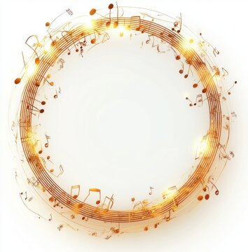 Glowing golden circular music staff ring with swirling musical notes and sparkles around a blank center, creating an uplifting and joyful decorative frame