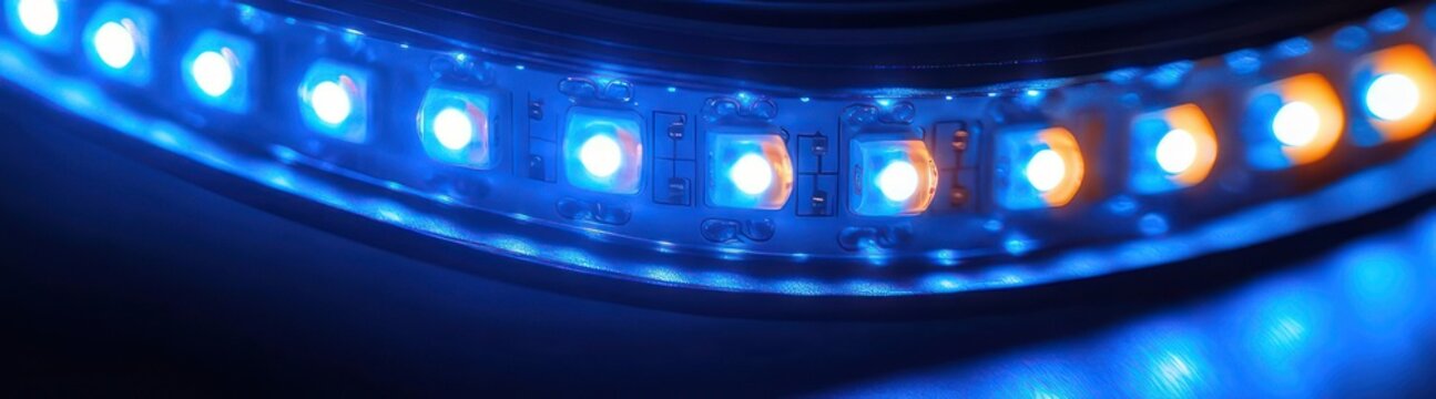 close-up curved led strip with bright blue diodes and warm orange accents reflecting on a glossy surface, futuristic sleek cool mood