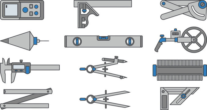 Set of professional engineering and construction measuring tools in a minimalist flat vector design style format