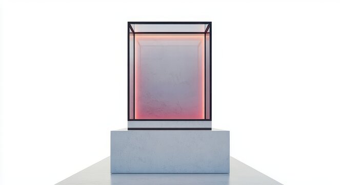Minimalist glass display cube with black frame on concrete pedestal glowing soft pink gradient inside, centered on reflective white floor, serene and futuristic