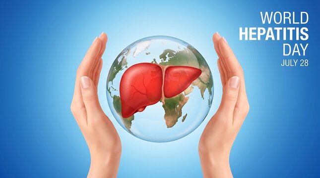 Hands holding liver globe for world hepatitis day illustration