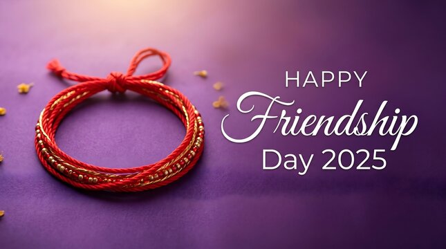 Happy friendship day bracelet with decorative bow on purple gradient background