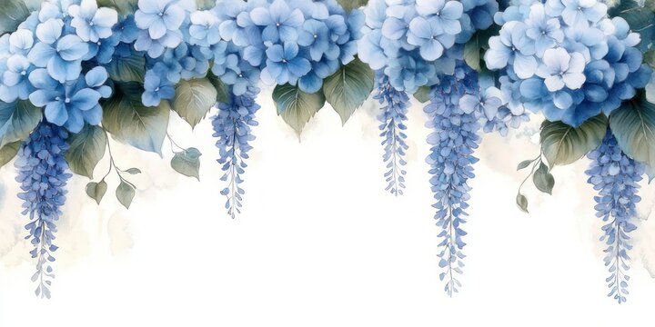 soft serene watercolor border of blue hydrangea clusters and hanging wisteria with green leaves, elegant floral frame and calming mood