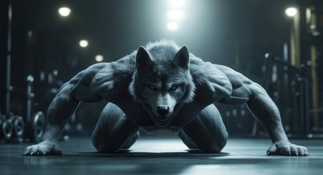 muscular anthropomorphic wolf performing a push-up on gym floor with face obscured, dramatic overhead lights conveying intense focused determination and raw power
