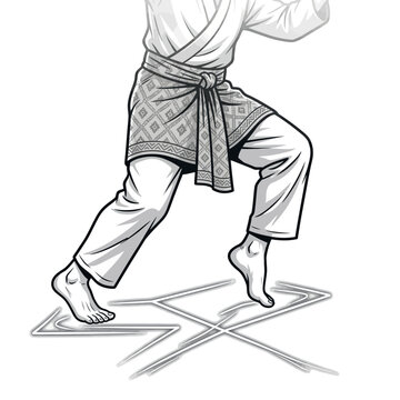 Black and white illustration of a person in traditional Malay attire performing a silat move on a patterned ground.