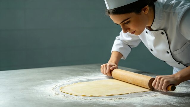 Woman chef rolling fresh pasta dough with wooden pin on flou