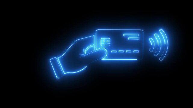 Neon contactless payment animation: credit card tap and pay concept