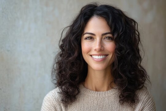 Calm anonymous portrait of a person with shoulder-length curly dark hair wearing a beige knit sweater against a muted textured wall, face intentionally blurred