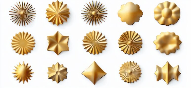 twenty assorted gold metallic rosettes, starbursts, scalloped and geometric medallion shapes on white background, elegant and celebratory decorative emblems