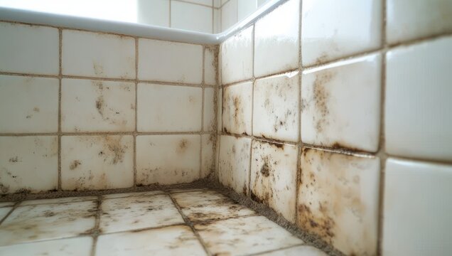 neglected bathroom shower corner with moldy stained white ceramic tiles and grimy grout, conveying damp unsanitary decay