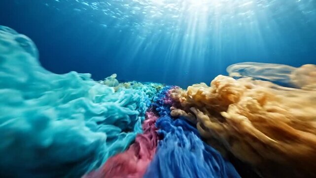 Vibrant Underwater Ink Clouds with Sunbeams