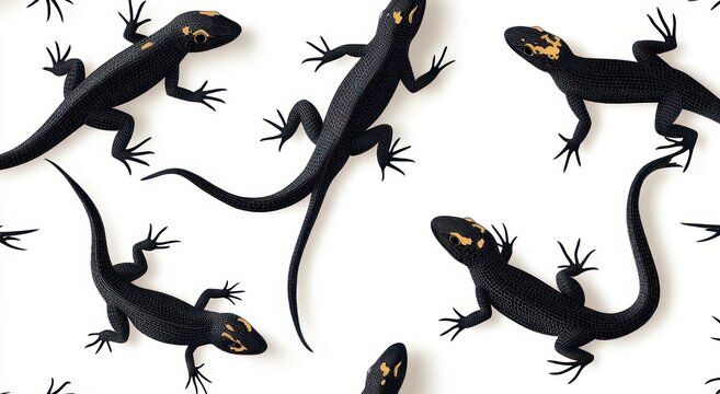 repeating arrangement of black lizards with golden head markings on a white background, playful dynamic pattern