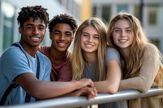 four teenagers with blurred faces leaning on a metal railing outside a school building, wearing casual clothes and backpacks, relaxed and smiling in friendly camaraderie