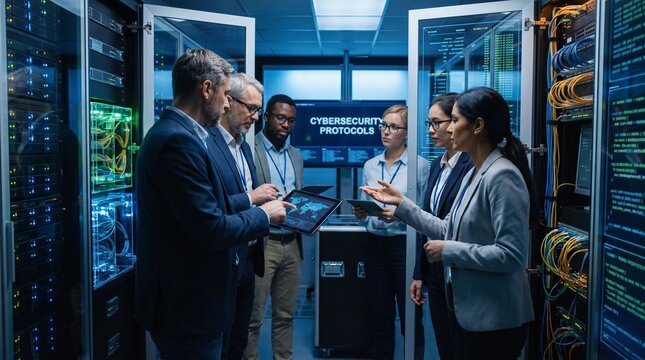 Diverse Professional Team Analyzing Network Security Data and Server Infrastructure in Modern Data Center Environment