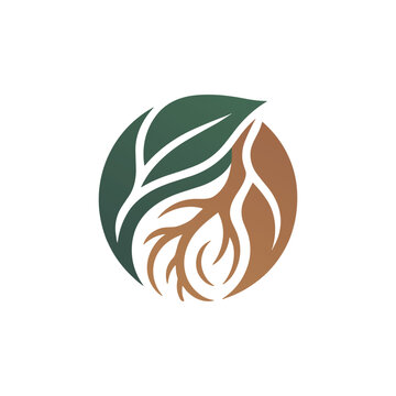 Abstract circular logo design featuring a green leaf and brown roots